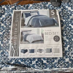Reversible Comforter and Quilt Bedding Set-Blue, White, Taupe Pattern-Twin/T-XL